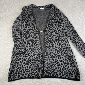 Charter Club Cardigan Sweater 1X Black Gray Leopard Open Front Ribbed Knit Plus
